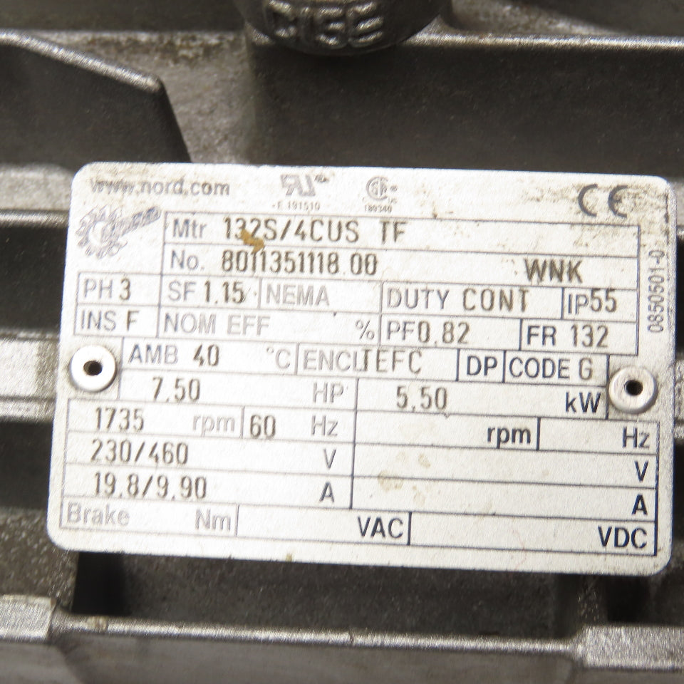 Nord 92772AZD-132 4.81:1 Ratio 361RPM Gear Motor 7.5Hp 230/460V 3Ph NOS
