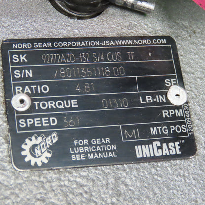 Nord 92772AZD-132 4.81:1 Ratio 361RPM Gear Motor 7.5Hp 230/460V 3Ph NOS