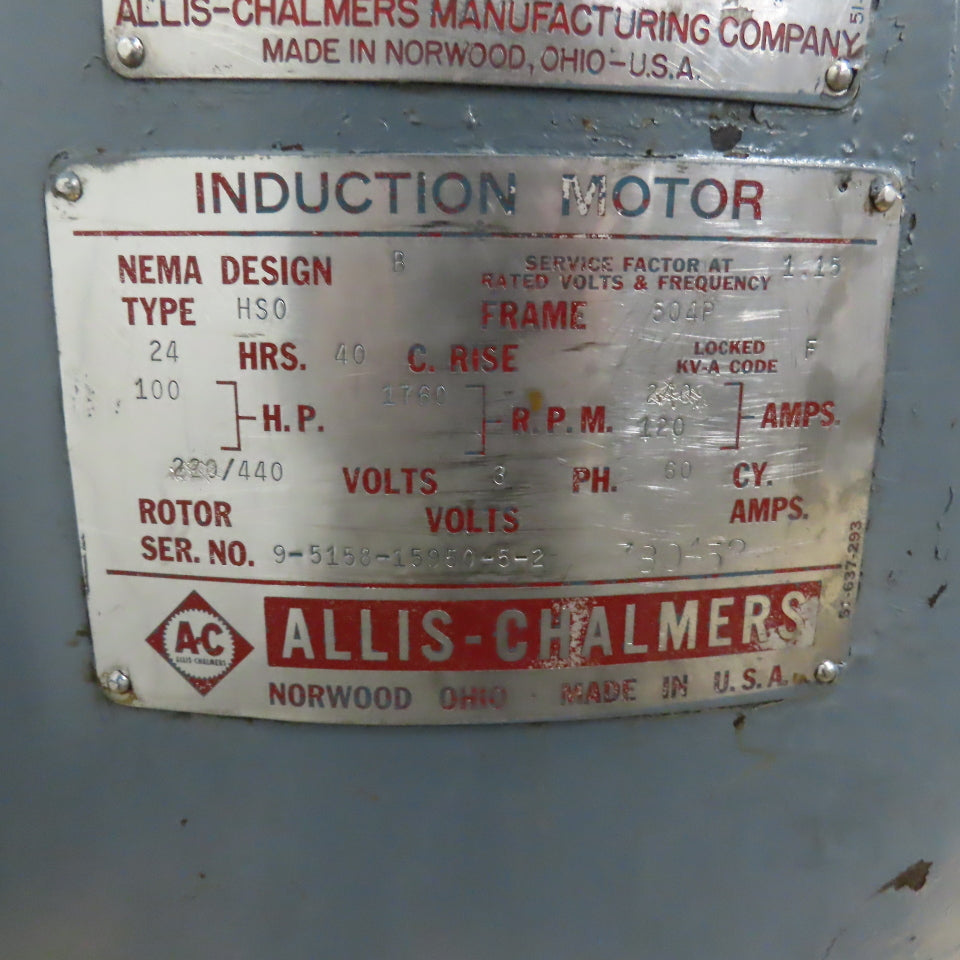 Allis-Chalmers HS0 100HP Vertical Induction Motor 220/440V 3Ph 1760RPM 504P