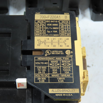 Allen-Bradley 700-F220A1 Contactor Relays 120V Coil 4-Pole 600V Max Lot of 7