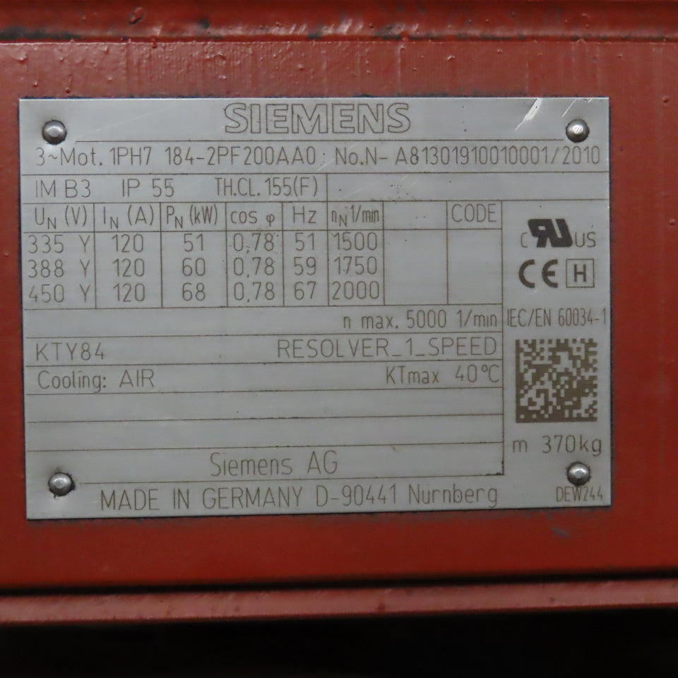 Siemens 1PH7 184-2PF200AA0 51/60/68kW 2000RPM 353Y/450YV AC Motor W/ Resolver