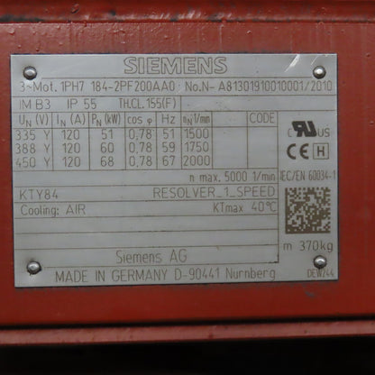 Siemens 1PH7 184-2PF200AA0 51/60/68kW 2000RPM 353Y/450YV AC Motor W/ Resolver