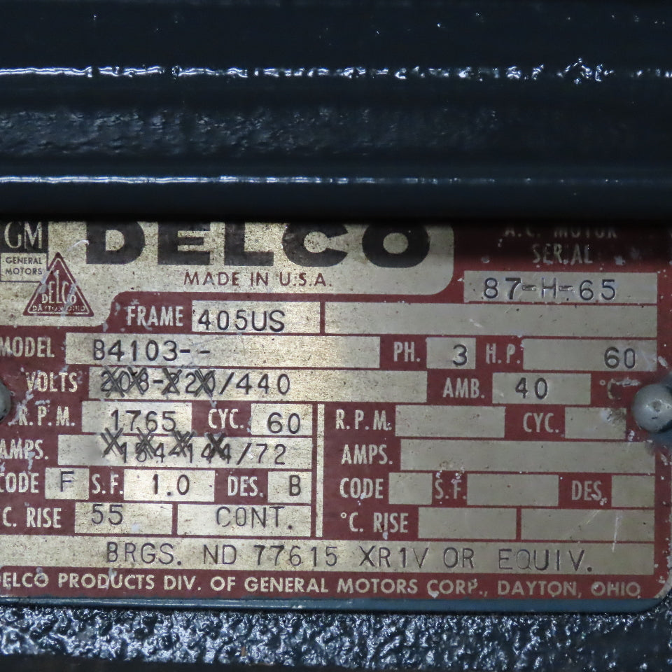 Delco B4103 60Hp 1765RPM 440V 3Ph AC Motor 405US Frame
