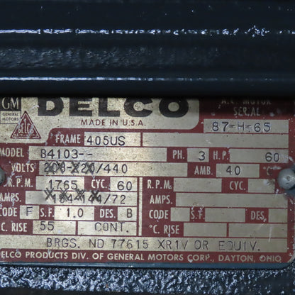 Delco B4103 60Hp 1765RPM 440V 3Ph AC Motor 405US Frame