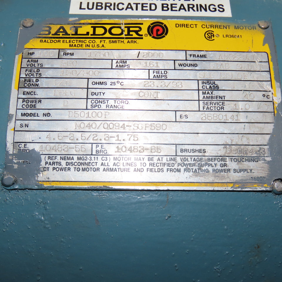 Baldor D50400P 100Hp 500V DC Stab Wound DC Motor AD368AT 1750RPM No Brushes