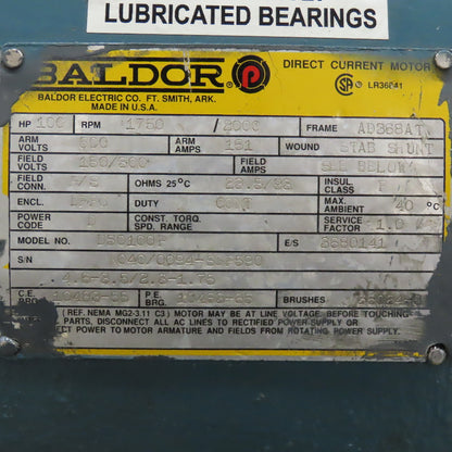 Baldor D50400P 100Hp 500V DC Stab Wound DC Motor AD368AT 1750RPM No Brushes