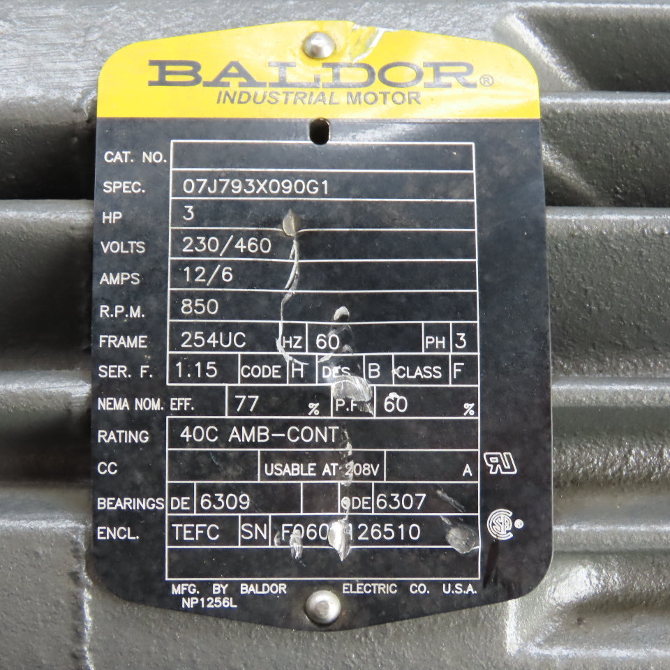 Baldor 07J793X090G1 3HP AC Motor 850RPM 230/460V 3Ph 254UC Frame TEFC