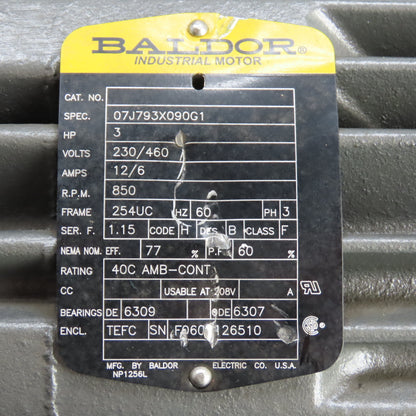 Baldor 07J793X090G1 3HP AC Motor 850RPM 230/460V 3Ph 254UC Frame TEFC