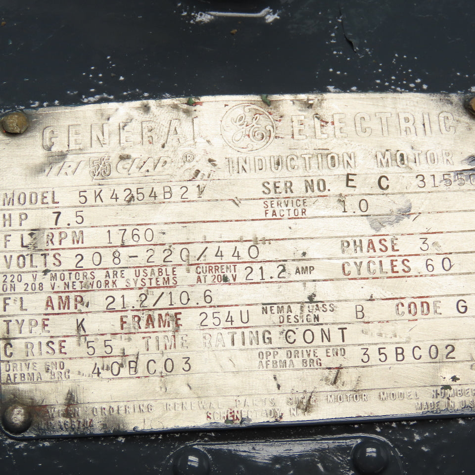 General Electric 5K4254B21 7.5Hp 1760RPm 208-220/440V 3Ph AC Motor 254U Frame