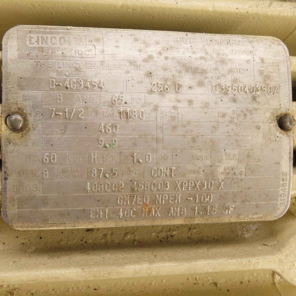 Lincoln Electric D-463454 7.5HP AC Motor 1180RPM 460V 3Ph 256U Frame TEFC