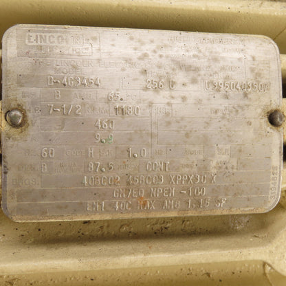 Lincoln Electric D-463454 7.5HP AC Motor 1180RPM 460V 3Ph 256U Frame TEFC
