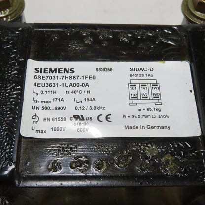 Siemens 6SE7031-7HS87-1FE0 4EU3631-1UA00-0A 3PH Line Reactor 154A 500-690V