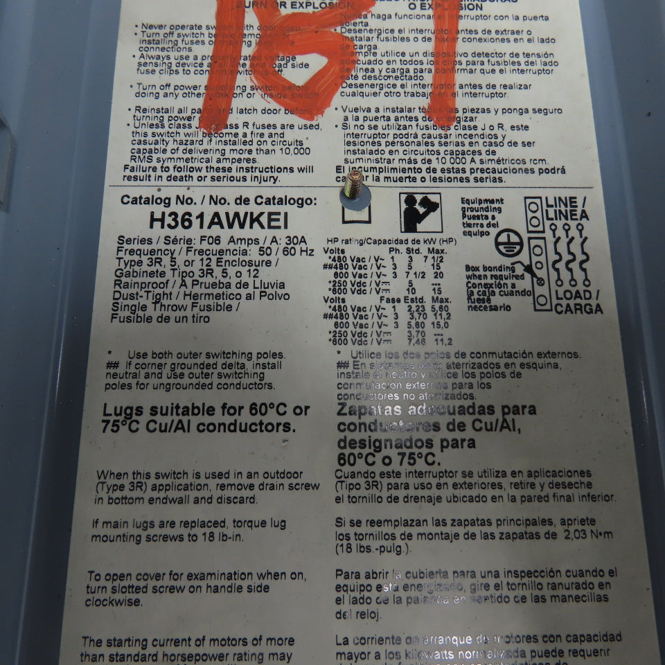 Square D H361AWKEI 30A Heavy Duty Safety Disconnect Switch 3P 600V