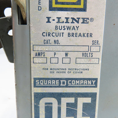 Square D PFH-36040 I-Line Busway Circuit Breaker 40A 3P 600VAC 250VDC 3W