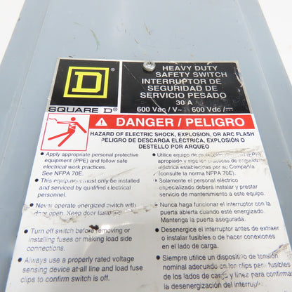 Square D HU361AWK 30A Heavy Duty Safety Disconnect Switch 3P 600V