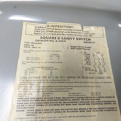 Square D D322N 60A Fused Safety Switch 3PH 240VAC 15HP
