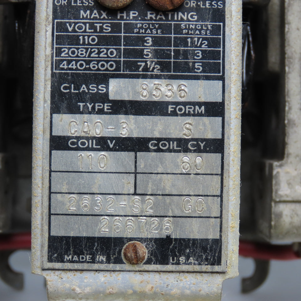 Square D Class 8536 CA0-3 600V 7.5Hp Contactor 110V Coil