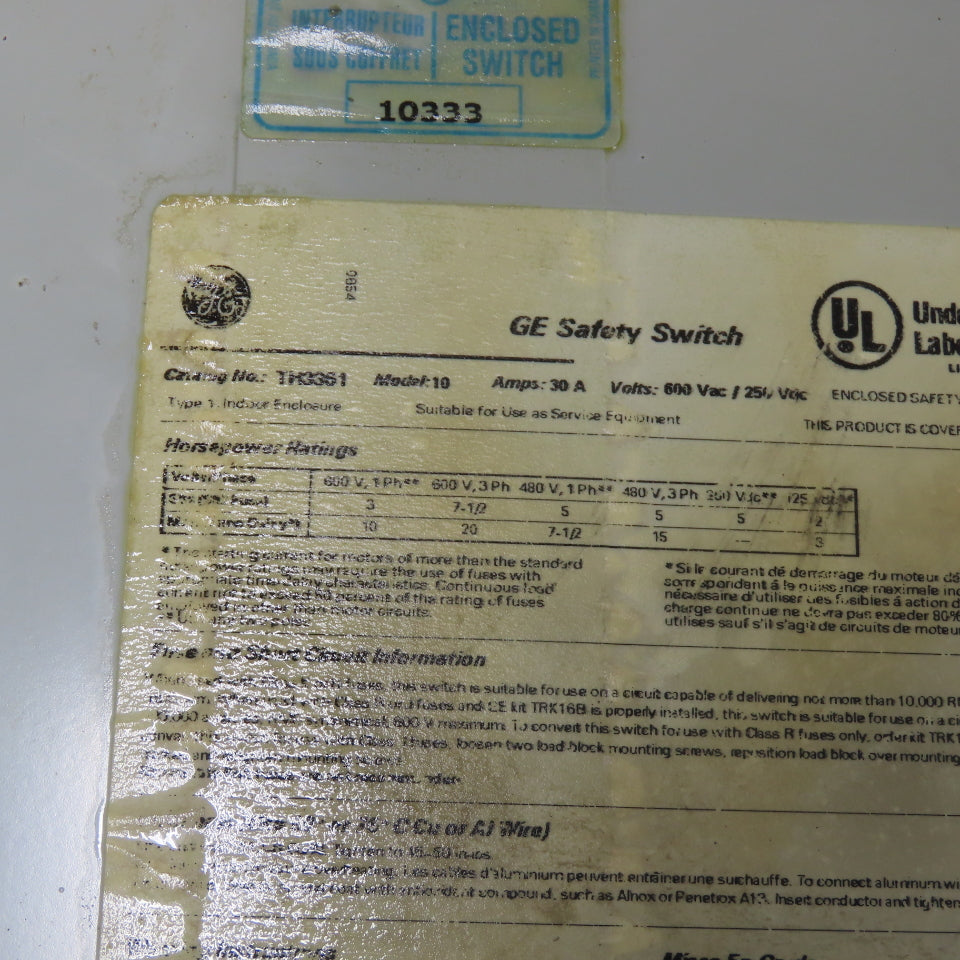 GE General Electric TH3361 30A Heavy Duty Fused Safety Disconnect Switch 600V