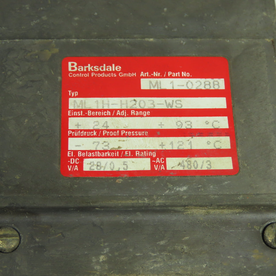 Barksdale MI 1-0288 ML1H-H203-WS Temperature Switch Probe 24°C to 93°C 480VAC