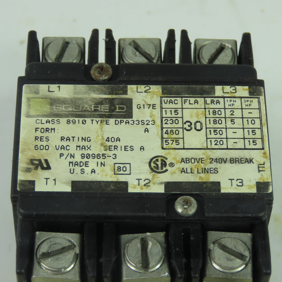 Square D 90965-3 8910 DPA33S23 30A 3 Pole Motor Contactor 120V Coil