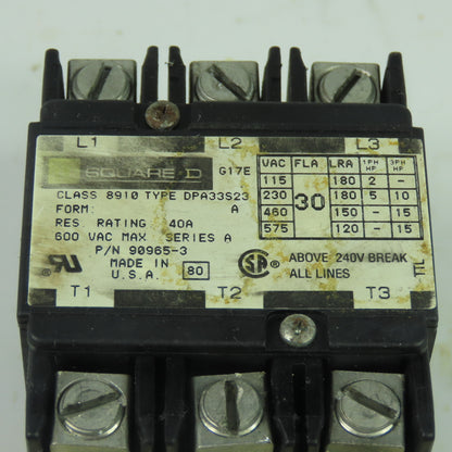 Square D 90965-3 8910 DPA33S23 30A 3 Pole Motor Contactor 120V Coil