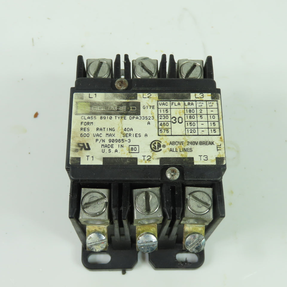 Square D 90965-3 8910 DPA33S23 30A 3 Pole Motor Contactor 120V Coil