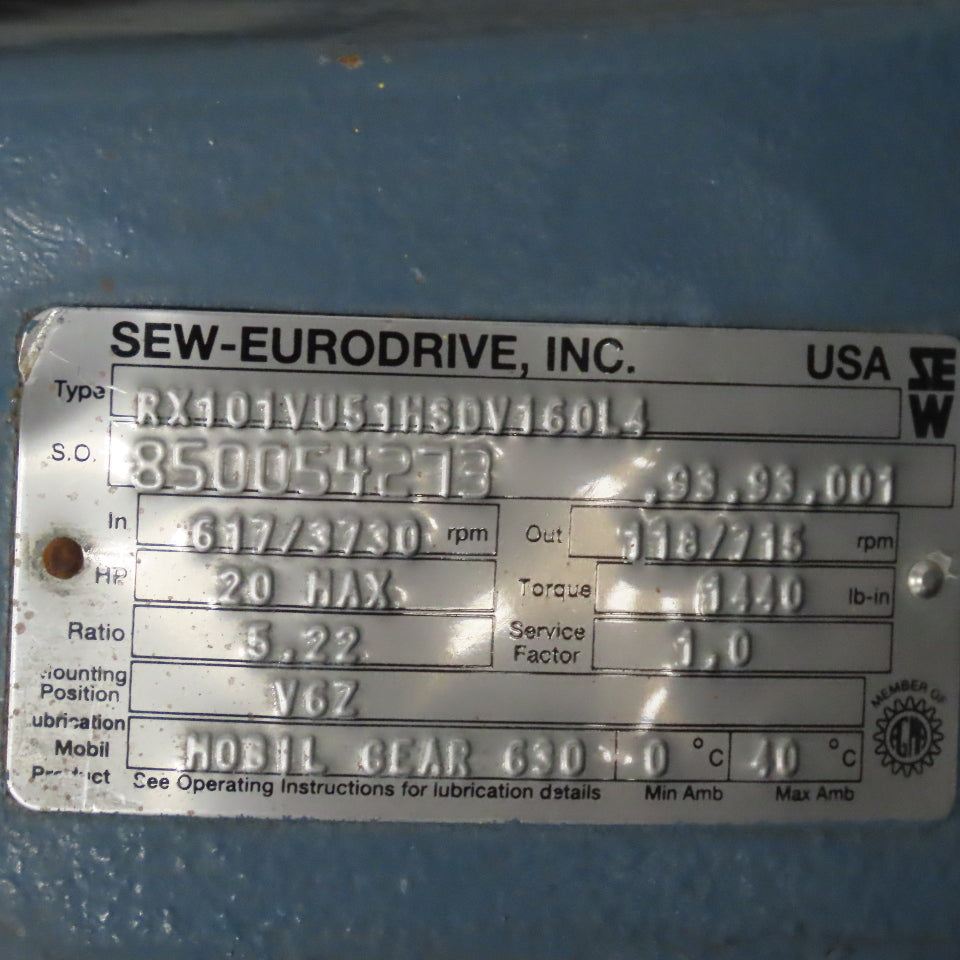 Sew RX101VU5HSDV1601 5.22:1 Ratio Variable Speed Drive 20Hp 230/460V 160-533RPM