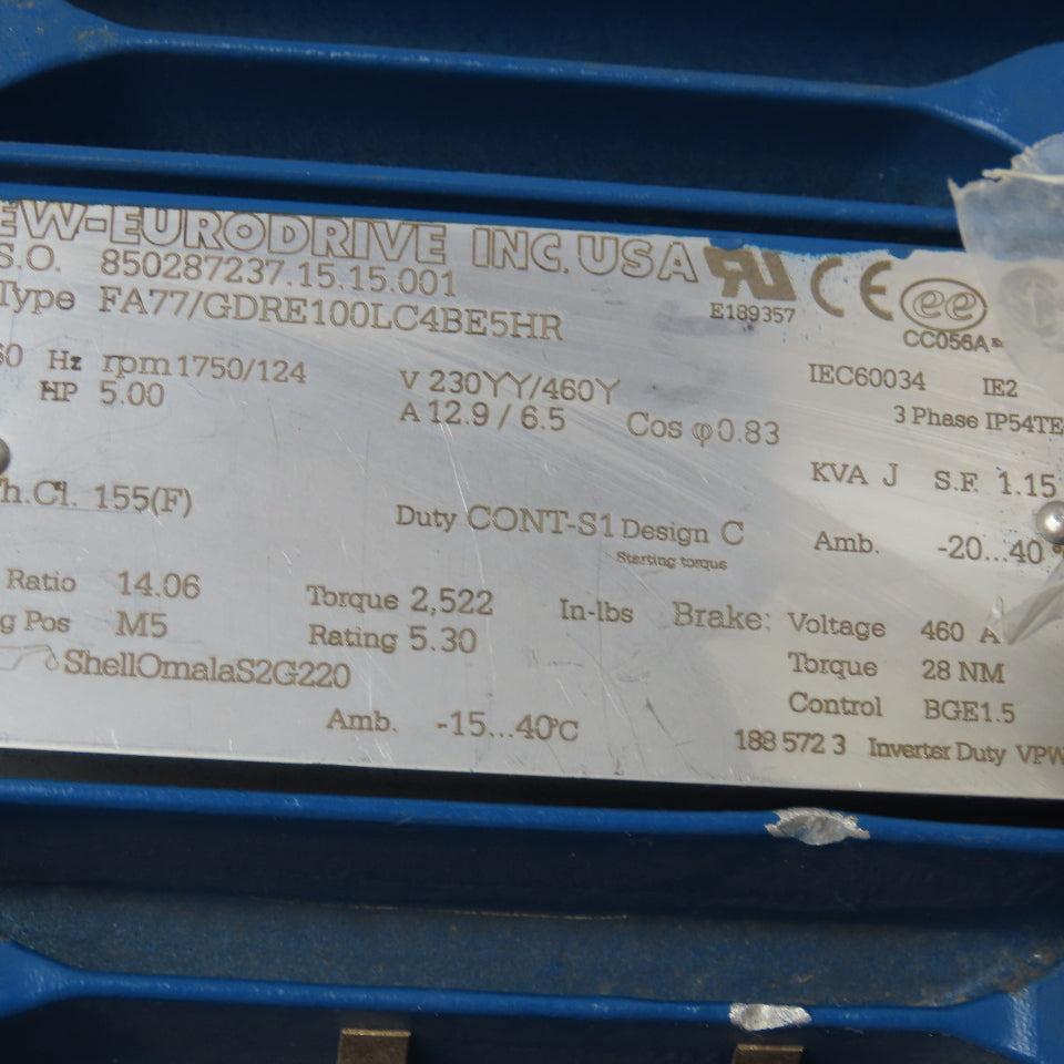 Sew FA77/GDRE100LC4BE5HR 14.06:1 Ratio 124RPM Gear Motor 5Hp 230/460V W/ Brake