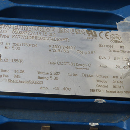Sew FA77/GDRE100LC4BE5HR 14.06:1 Ratio 124RPM Gear Motor 5Hp 230/460V W/ Brake