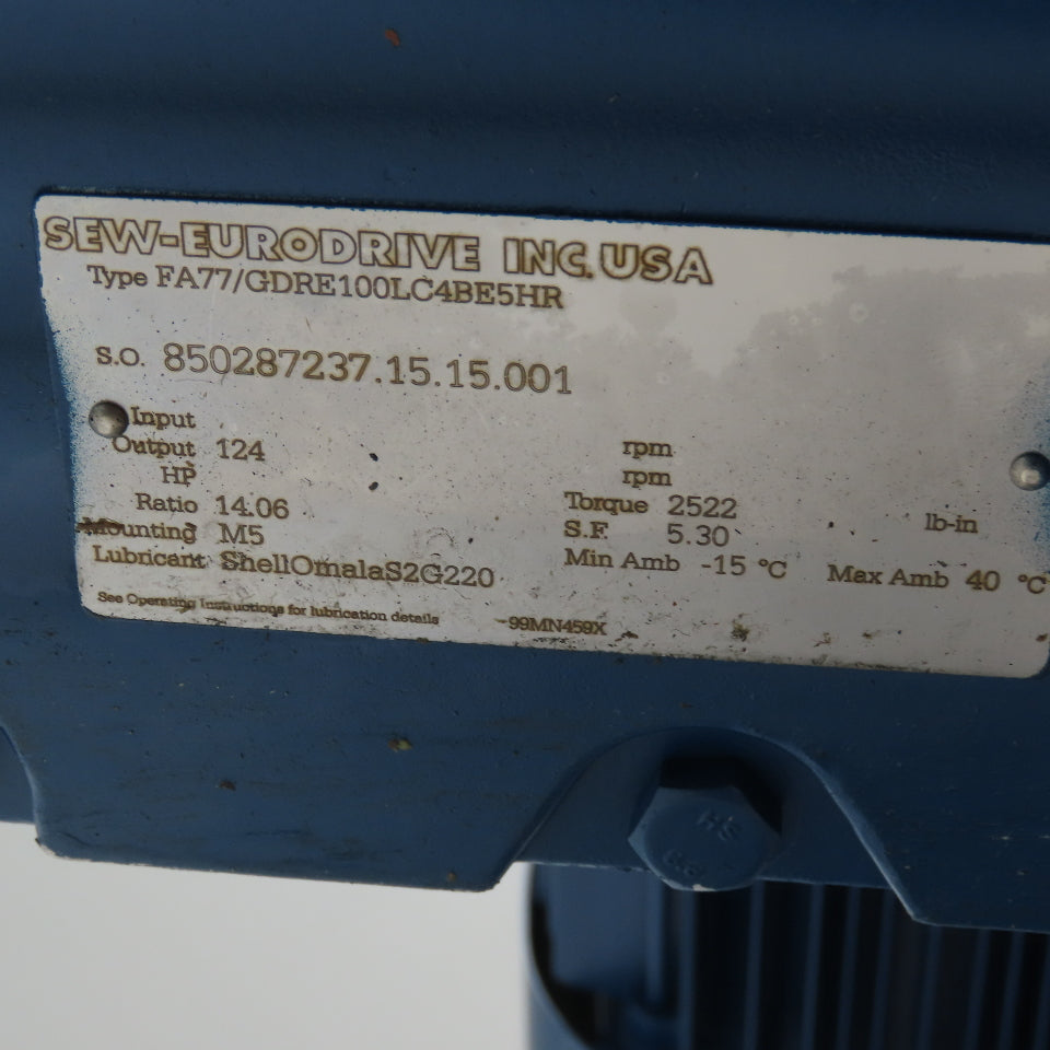 Sew FA77/GDRE100LC4BE5HR 14.06:1 Ratio 124RPM Gear Motor 5Hp 230/460V W/ Brake
