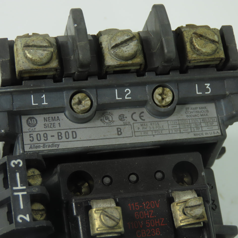 Allen-Bradley 509-B0D Ser B NEMA Size 1 Motor Starter Contactor 600VAC 27A