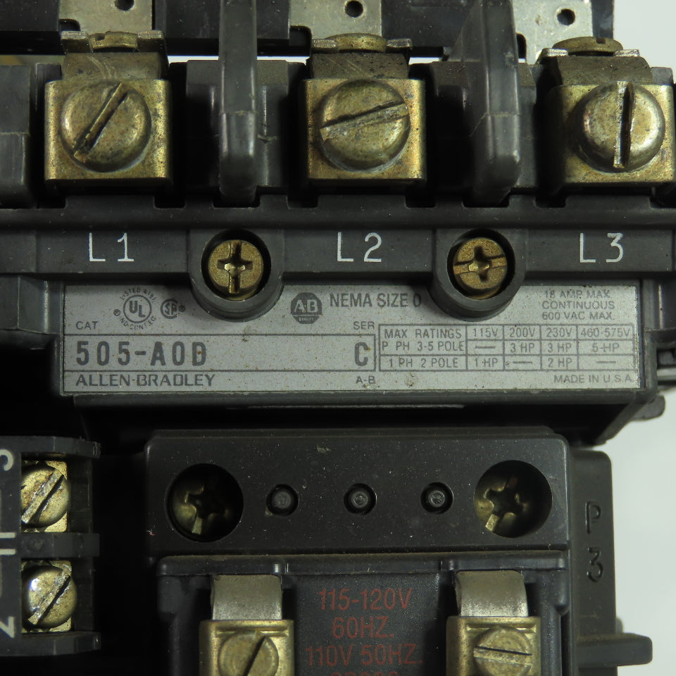 Allen-Bradley 505-A0D Size 0 Reversing Motor Starter Contactor 600V 18A SerC