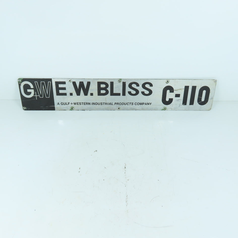 E.W. Bliss C-110 Aluminum Name Emblem Legend Logo Plate Gulf + Western 24" x 4"