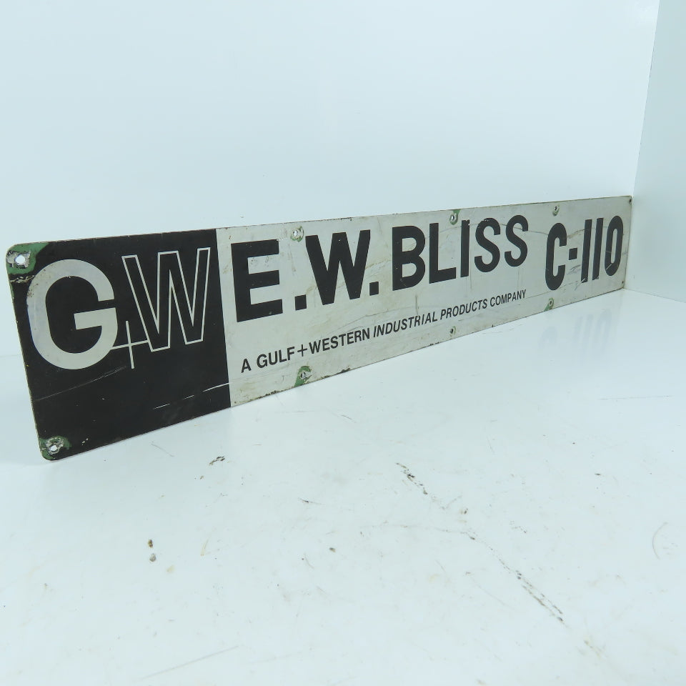 E.W. Bliss C-110 Aluminum Name Emblem Legend Logo Plate Gulf + Western 24" x 4"