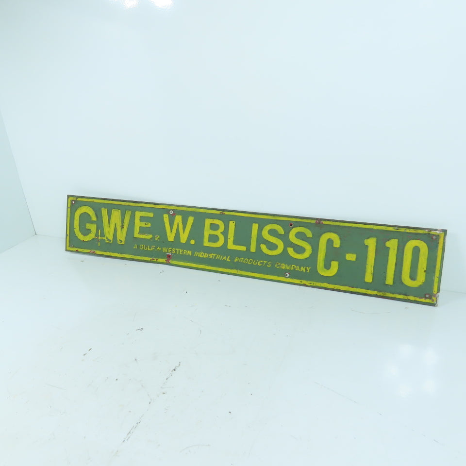 E.W. Bliss C-110 Stamped Aluminum Name Legend Logo Plate Gulf + Western 24" x 4"