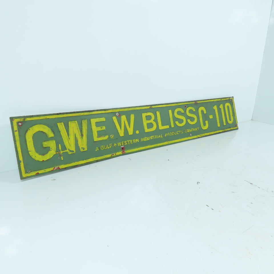 E.W. Bliss C-110 Stamped Aluminum Name Legend Logo Plate Gulf + Western 24" x 4"