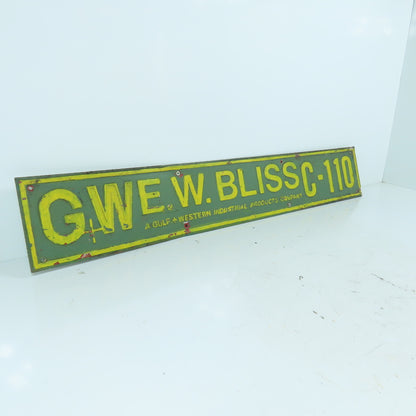 E.W. Bliss C-110 Stamped Aluminum Name Legend Logo Plate Gulf + Western 24" x 4"