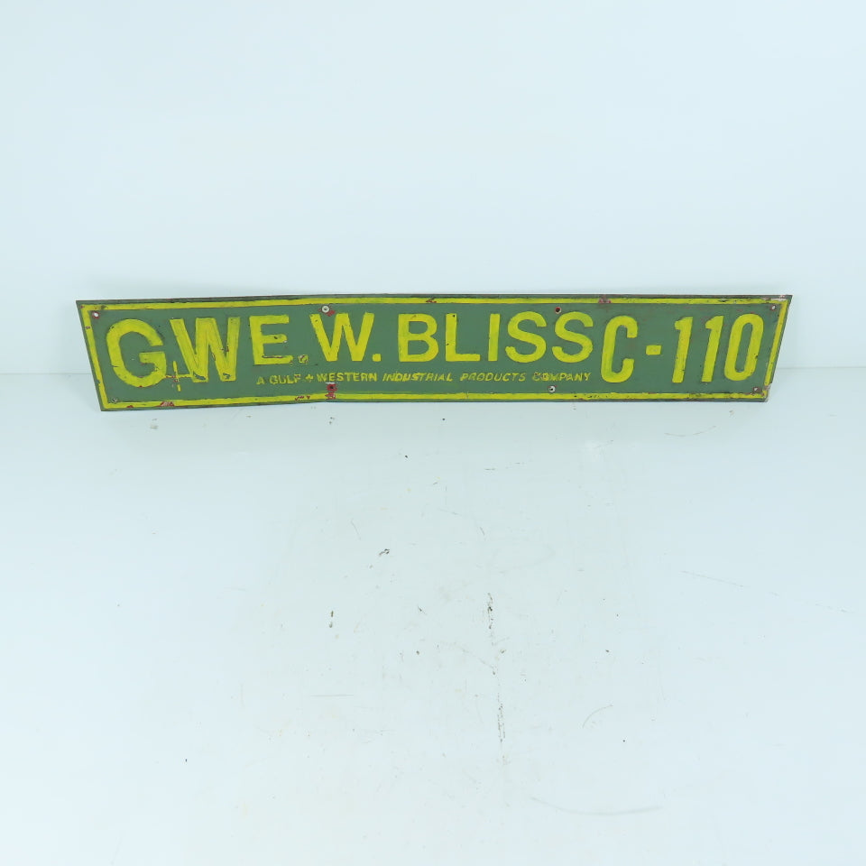E.W. Bliss C-110 Stamped Aluminum Name Legend Logo Plate Gulf + Western 24" x 4"