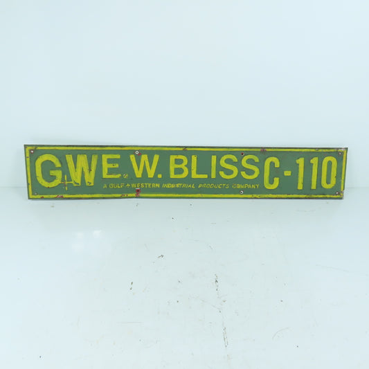 E.W. Bliss C-110 Stamped Aluminum Name Legend Logo Plate Gulf + Western 24" x 4"
