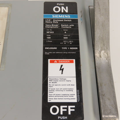 Siemens NF353 3-Pole Non-Fusible Heavy Duty Disconnect Safety Switch 100A 3PH
