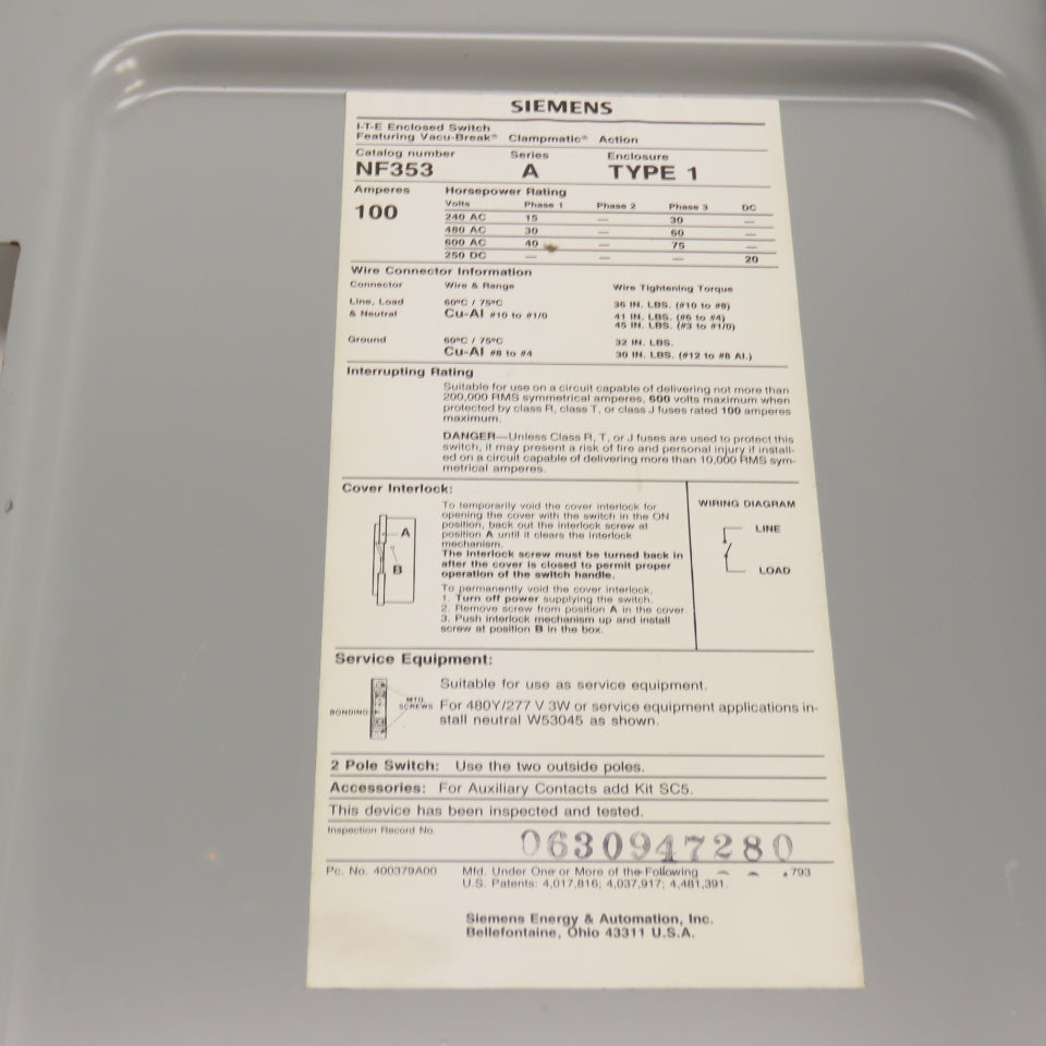 Siemens NF353 3-Pole Non-Fusible Heavy Duty Disconnect Safety Switch 100A 3PH