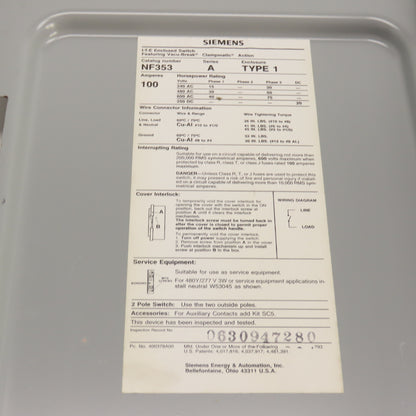 Siemens NF353 3-Pole Non-Fusible Heavy Duty Disconnect Safety Switch 100A 3PH