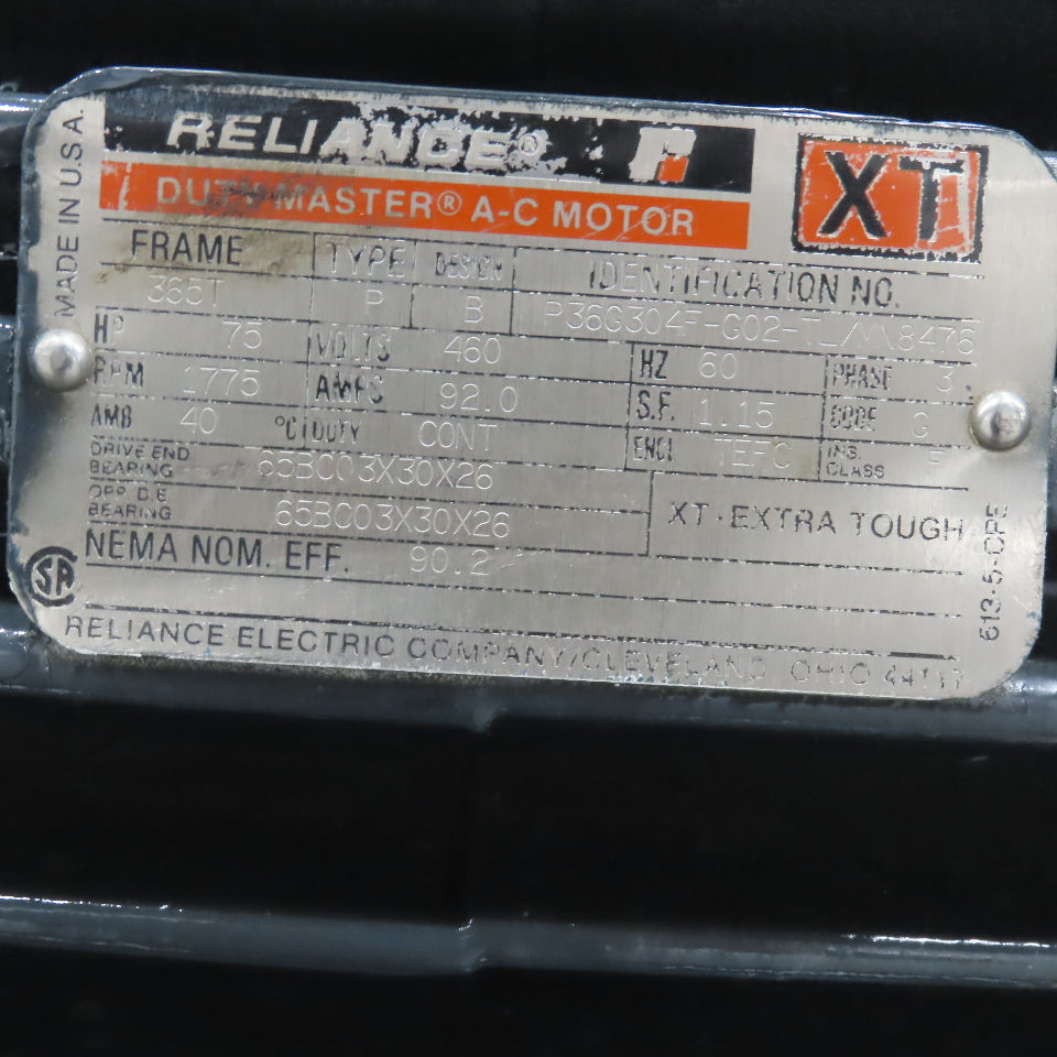 Reliance 75Hp 460V 3Ph 60Hz 1775RPM Duty Master AC Motor 365T Frame