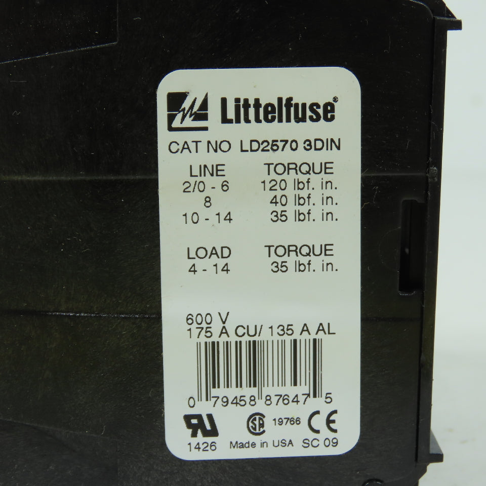 Littelfuse LD2570 3DIN 3-Pole Power Distribution Block 600V 175A