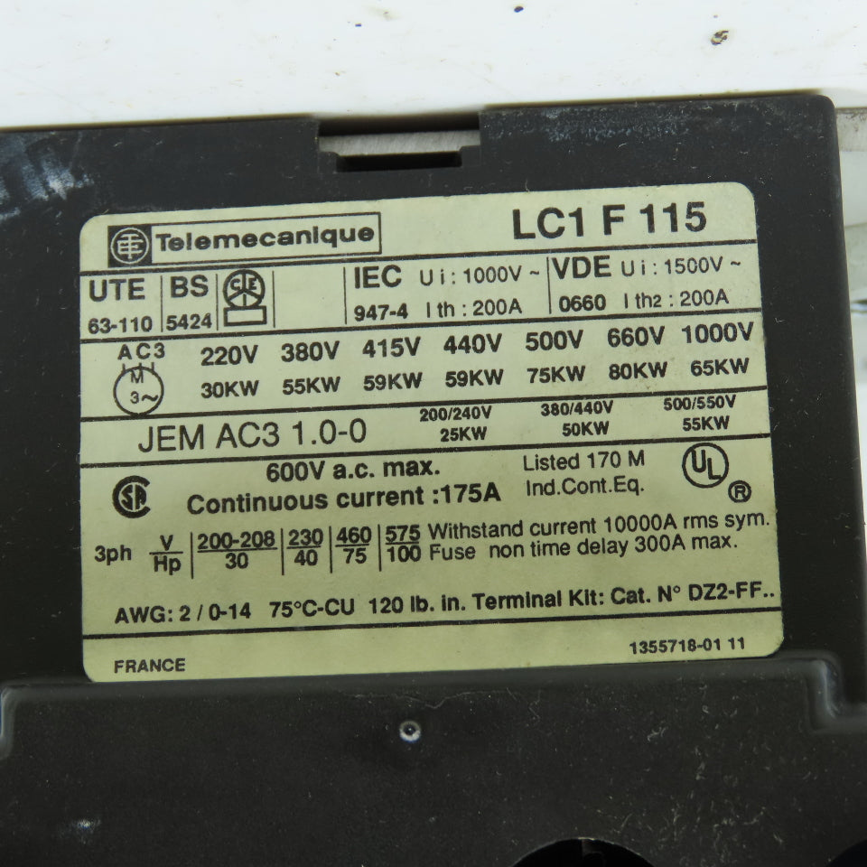 Telemecanique LC1F115 3-Pole Contactor 115A 600V Coil 380-480VAC