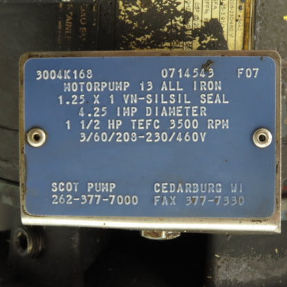 Scot 3004K168 1.5HP Centrifugal Pump & Motor 208-230/460V 3Ph 3500RPM Tested