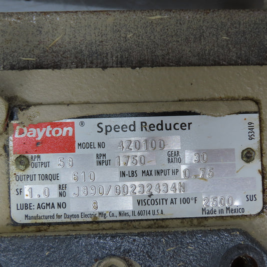 Dayton 4Z010D 1HP Speed Reducer Gear Motor 30:1 Ratio 58 RPM 208-230/460V 3Ph