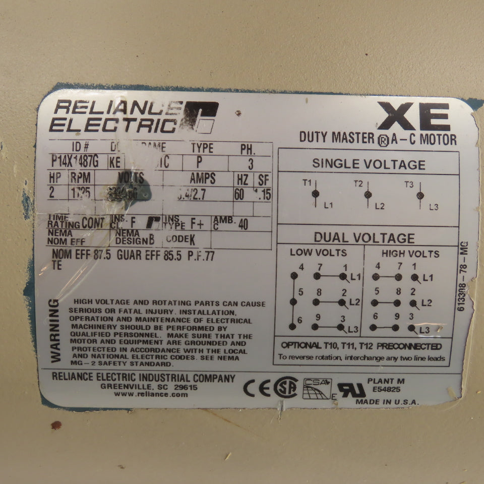 Reliance P14X1487G 2HP AC Electric Motor 230/460V 3Ph 1725RPM 145TC Frame Tested