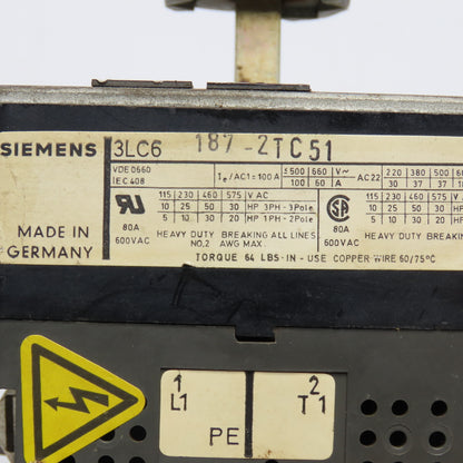 Siemens 3LC6 187-2TC51 600VAC 80A Rotary Disconnect Switch