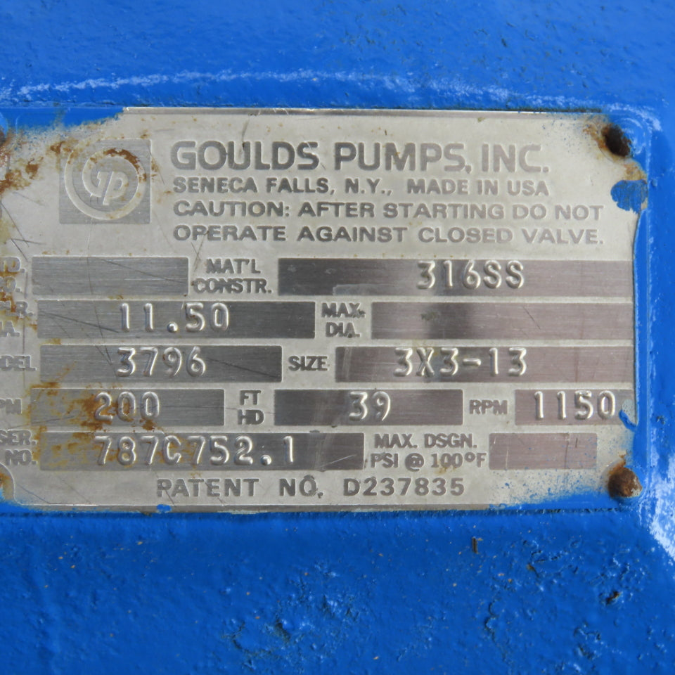 Goulds 3796 3x3-13 316SS Stainless Centrifugal Pump Drive Unit 1-1/8" Shaft